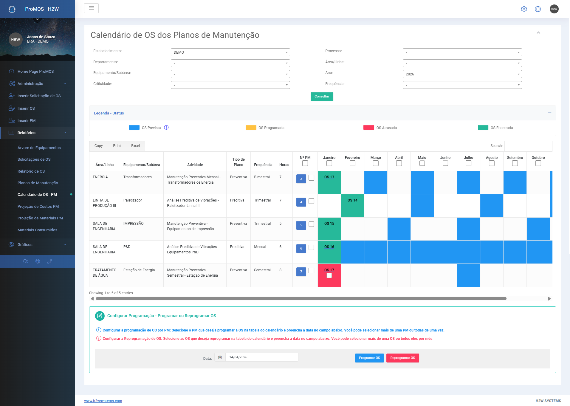 Calendário de Plano de Manutenção Preventiva — ProMOS® CMMS